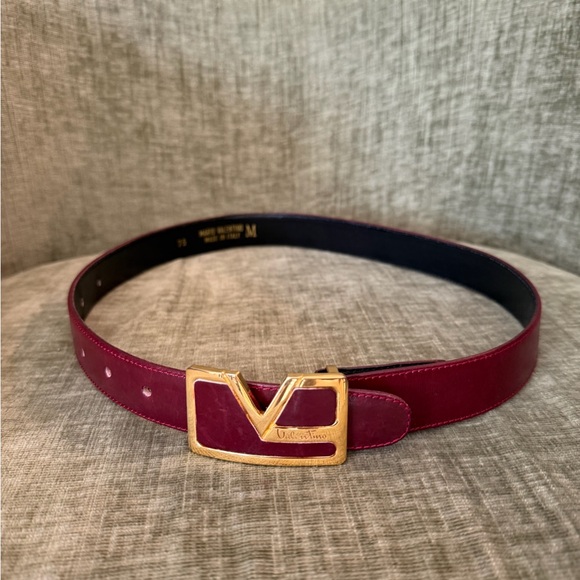 Mario Valentino Accessories - Valentino Burgundy Leather Belt with Gold V Buckle